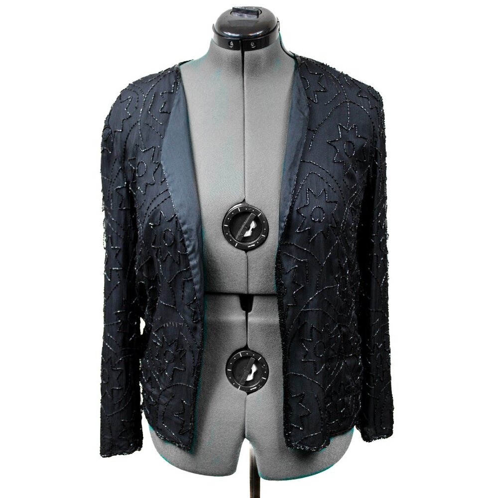 VTG JMD NEW YORK Women's M Black Beaded Silk Jacket Blazer Evening Formal Party